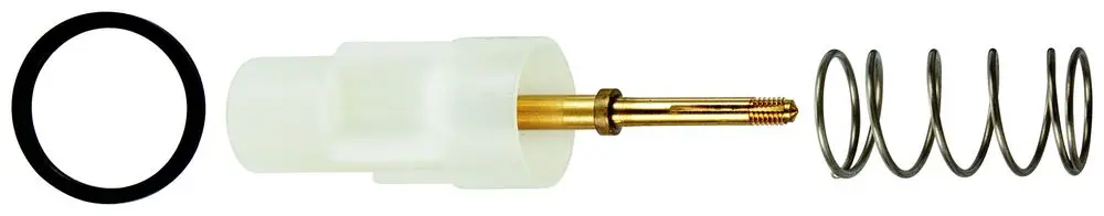 Grohe Hülse mit einem schwarzen O-Ring, einem goldfarbenen Stift und einer spiralförmigen Feder, angeordnet in einer Linie auf weißem Hintergrund.