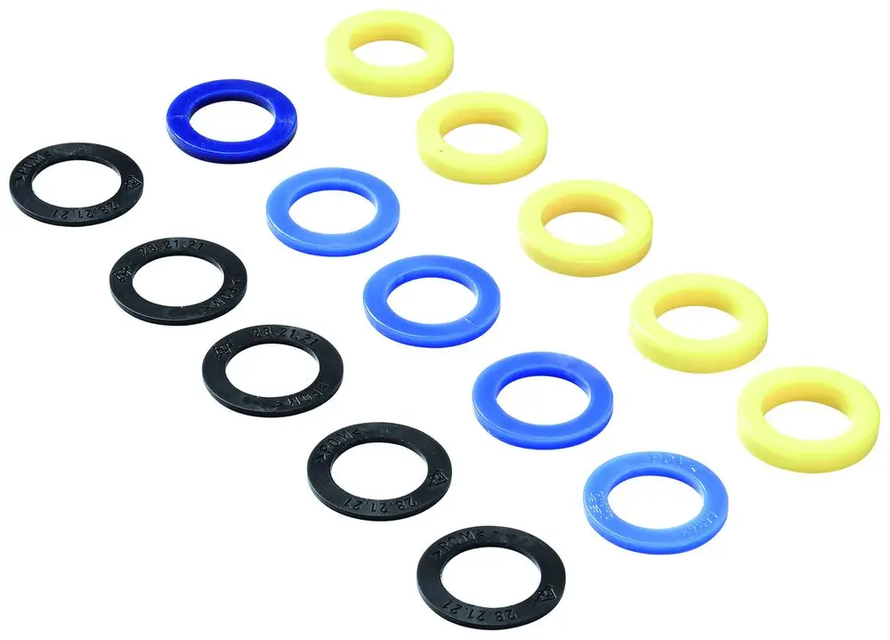GROHE Dichtungsringe in verschiedenen Farben, angeordnet in zwei Reihen. Die Ringe sind aus Gummi oder Kunststoff gefertigt und dienen der Abdichtung in Ventilen.