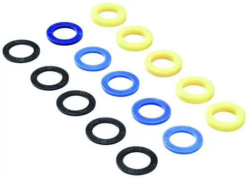 GROHE Dichtungsringe in verschiedenen Farben, angeordnet in zwei Reihen. Die Ringe sind aus Gummi oder Kunststoff gefertigt und dienen der Abdichtung in Ventilen.