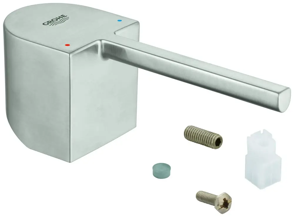 Grohe Hebel mit rechteckigem Griff und zwei farbigen Markierungen (rot und blau) für die Temperaturregelung, begleitet von montagematerialien wie Schrauben und Dichtungen.
