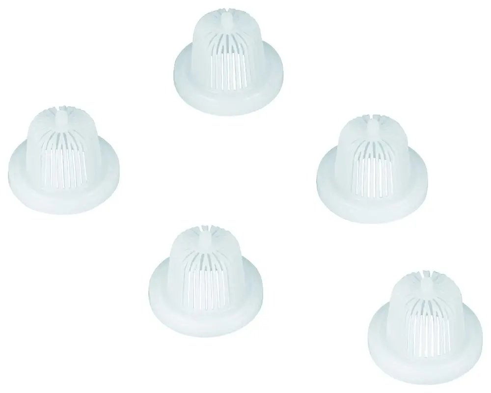 Fünf weiße GROHE Siebe mit einem gitterartigen Design, die zum Filtern von Wasser oder Flüssigkeiten verwendet werden können.