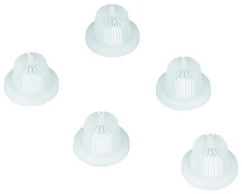 Fünf weiße GROHE Siebe mit einem gitterartigen Design, die zum Filtern von Wasser oder Flüssigkeiten verwendet werden können.