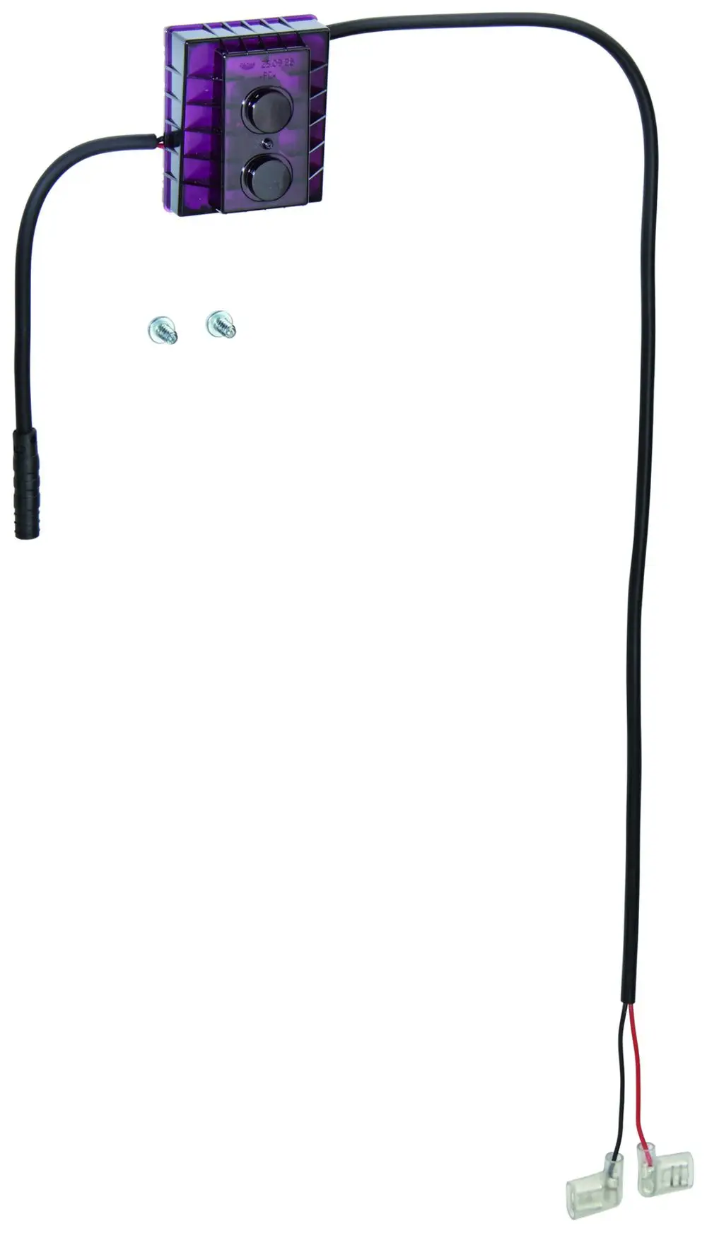 GROHE-Produkt mit zwei Druckknöpfen, einem Kabel und zwei elektrischen Anschlüssen. Die Verbindungskabel sind schwarz und rot. Geeignet für elektronische Urinalsteuerungen.