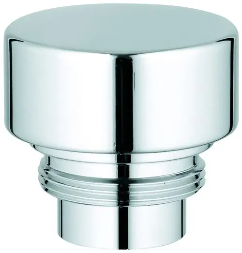 Chromfarbener Umstellknopf von Grohe zur Umschaltung zwischen Wanne und Brause, mit drehbarem oberen Teil und gewindebesetztem Unterteil.