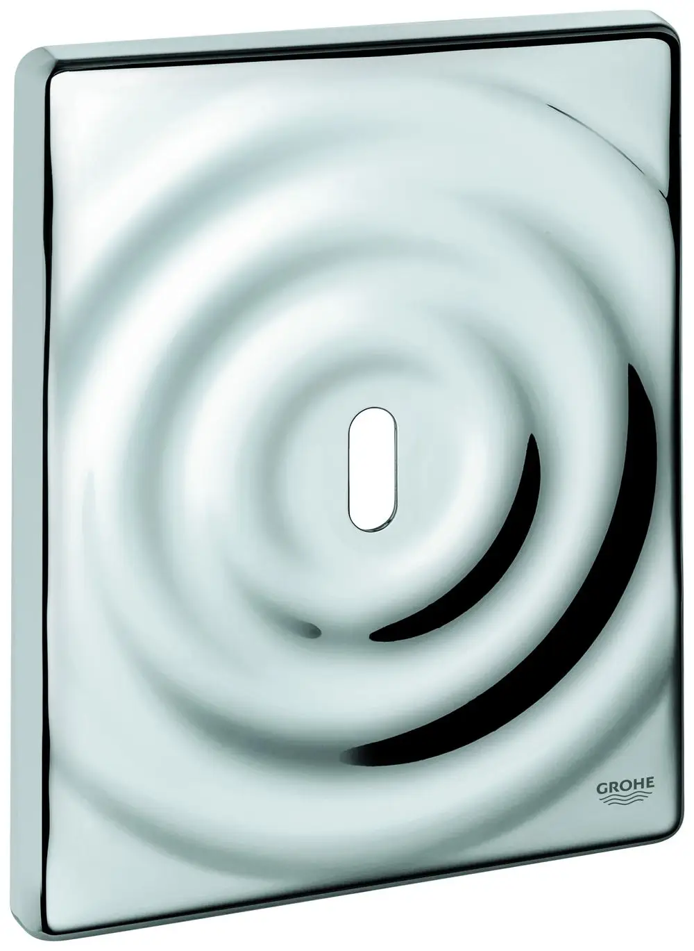 GROHE Abdeckplatte in glänzendem Chrom mit gewellter Oberfläche und einer ovalen Öffnung in der Mitte. Die Rückseite ist für eine einfache Montage vorbereitet.