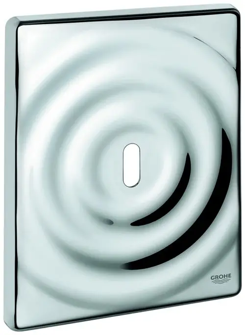 GROHE Abdeckplatte in glänzendem Chrom mit gewellter Oberfläche und einer ovalen Öffnung in der Mitte. Die Rückseite ist für eine einfache Montage vorbereitet.