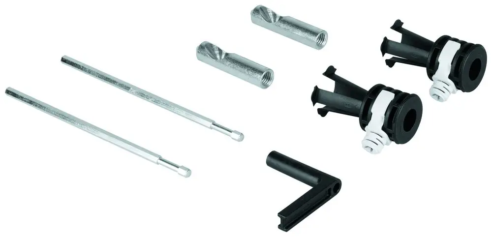 Montagezubehör von Grohe bestehend aus zwei Wandhaltern, zwei Metallstangen und einem Verbindungselement für die Befestigung eines Wand-Tiefspül-WCs.