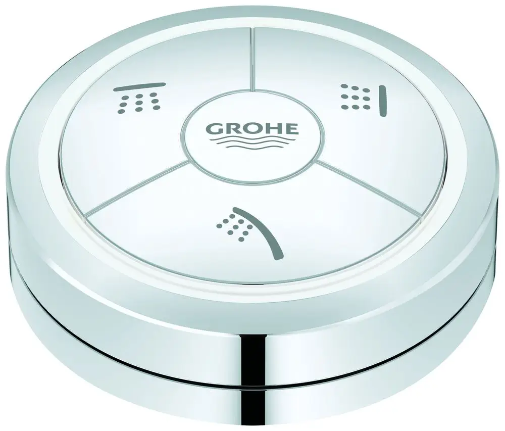 GROHE Fernbedienung in chromfarbenem Design, rund mit deutlichen Symbolen für verschiedene Funktionen, geeignet zur Steuerung von Duschsystemen.