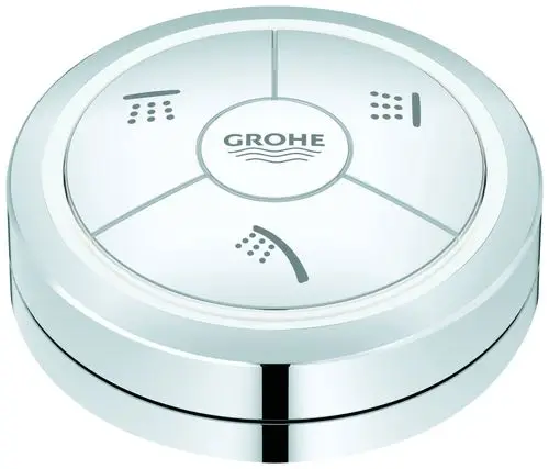 GROHE Fernbedienung in chromfarbenem Design, rund mit deutlichen Symbolen für verschiedene Funktionen, geeignet zur Steuerung von Duschsystemen.