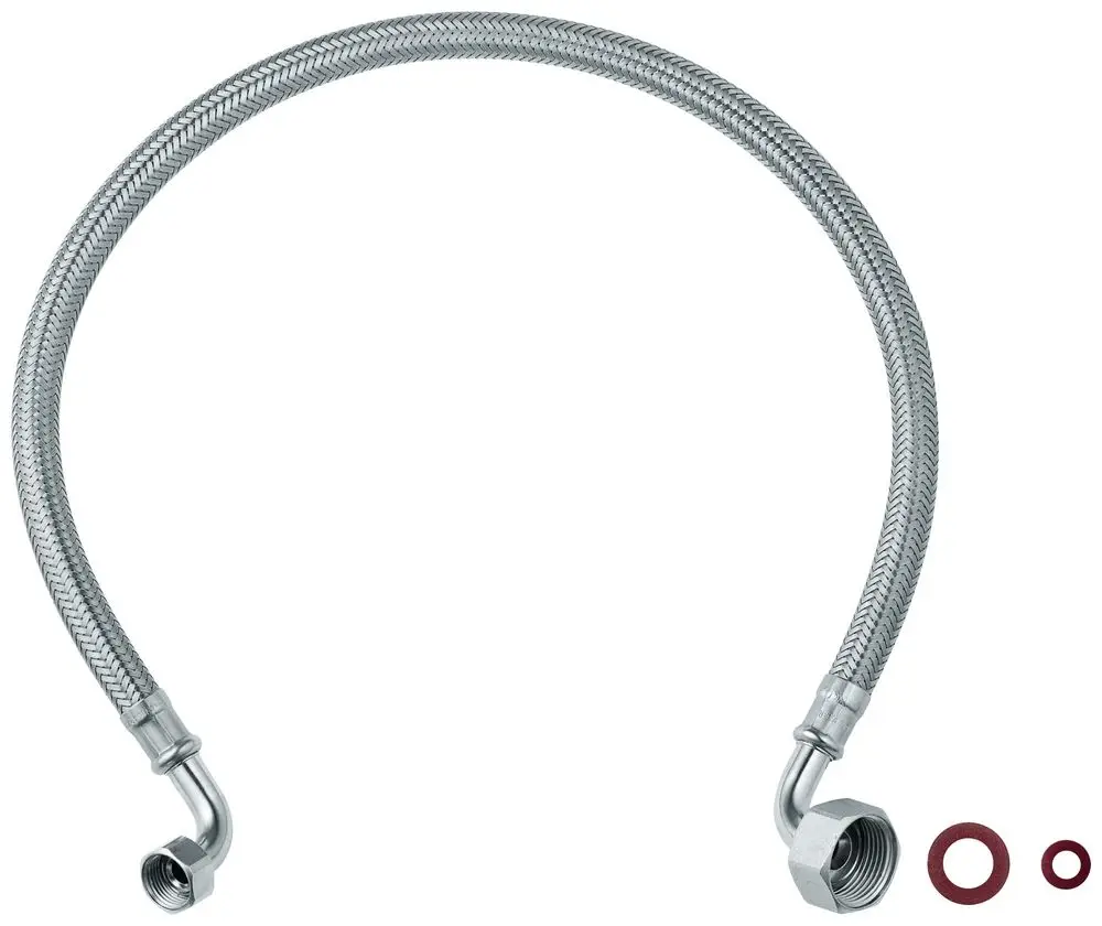 Flexibler Druckschlauch mit einem gebogenen Ende und einem geraden Ende, aus Metall mit einer schützenden Ummantelung, neben zwei Dichtungsringen, von der Marke Grohe.