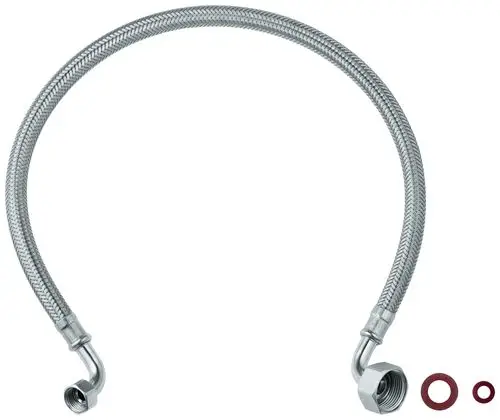 Flexibler Druckschlauch mit einem gebogenen Ende und einem geraden Ende, aus Metall mit einer schützenden Ummantelung, neben zwei Dichtungsringen, von der Marke Grohe.