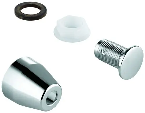 Verchromter Blindstopfen von Grohe mit runder Form, inklusive einer Gummi- und einer Kunststoffunterlage. Sichtbare Gewinde zur Befestigung.