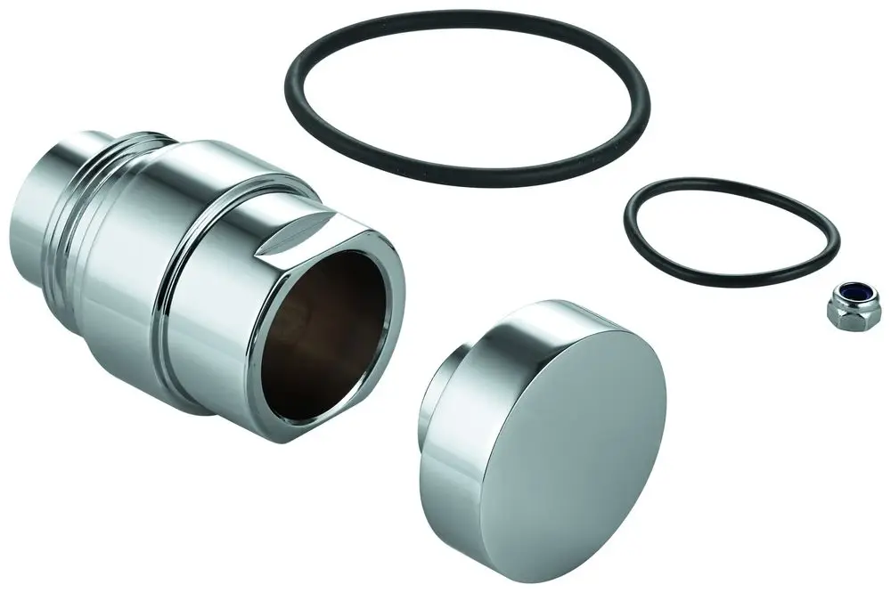 GROHE Umstellknopf in Chrom-Finish, bestehend aus einem Hauptteil, zwei O-Ringen und einer Abdeckung. Zubehörteile für Sanitärinstallationen.