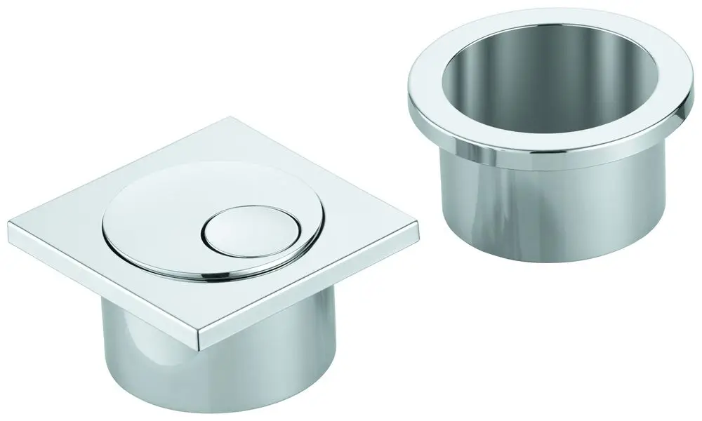 Grohe Druckknopf in Chromoptik mit quadratischer und runder Form für einen Aufsatzspülkasten. Die Teile zeigen eine glänzende Oberfläche und klare Linienführung.
