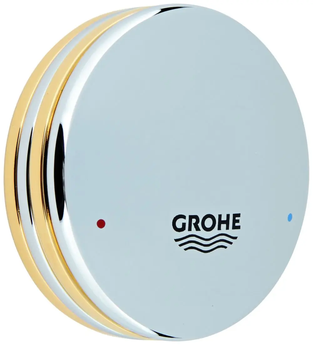 Runde Abdeckkappe in Chrom und Gold mit den Markenlogo Grohe. Zwei farbige Punkte markieren die Temperaturoptionen, rot für heiß und blau für kalt.