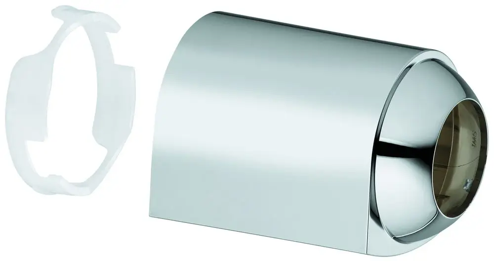 Chromfarbene Abdeckung von Grohe für Sanitärinstallationen, sichtbar mit einem weißen Haltering, in einer glatten, runden Form.