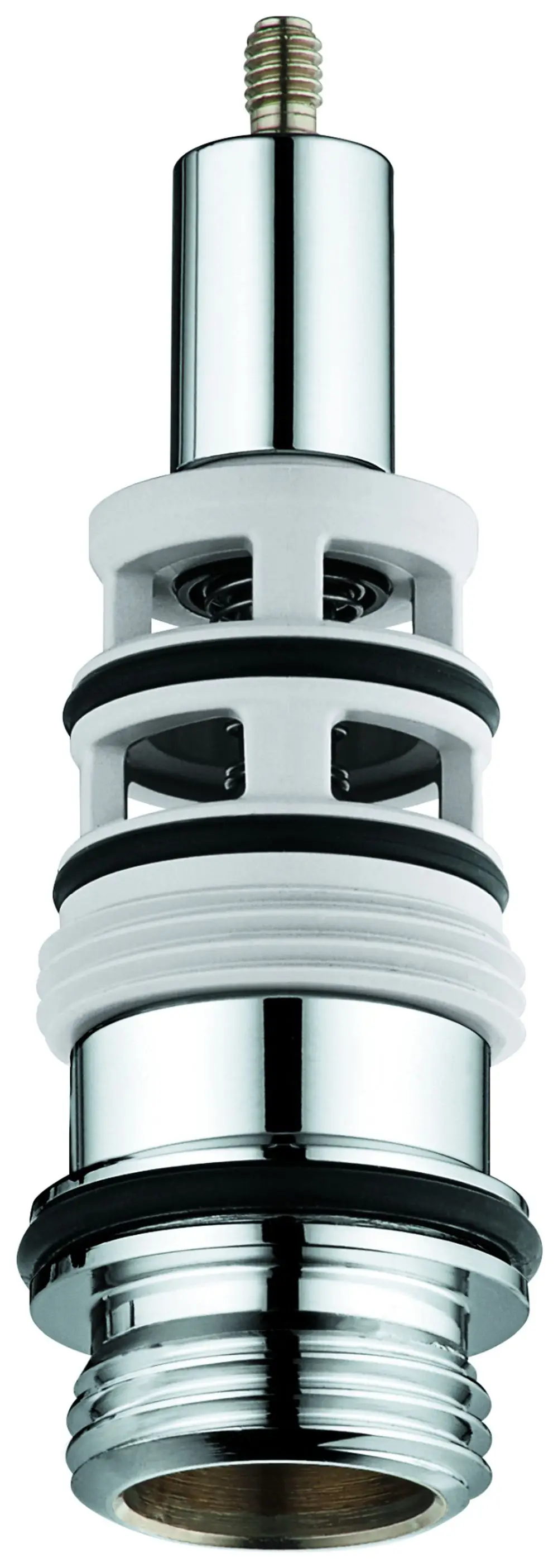 Grohe Umstellungsstück in Chrom-Optik, mit gewindeloser Basis und doppelten Dichtungen für den Anschluss an eine Wannenbatterie.