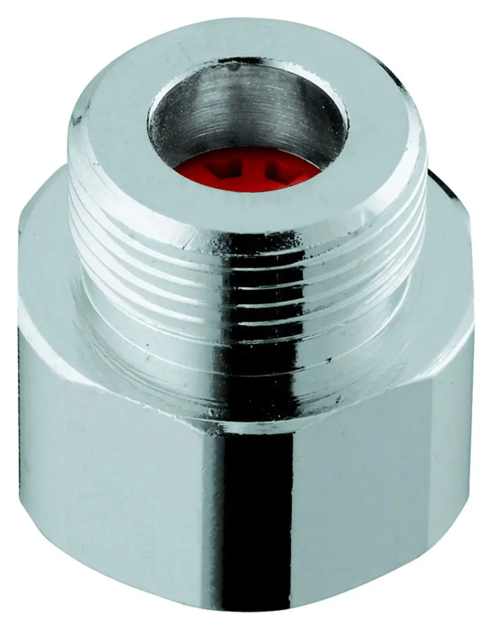 Adapter von Grohe mit rotem Durchflussbegrenzer, auf einem metallischen Gewinde mit sechseckiger Aufnahme. Sichtbar ist die glatte, polierte Oberfläche.