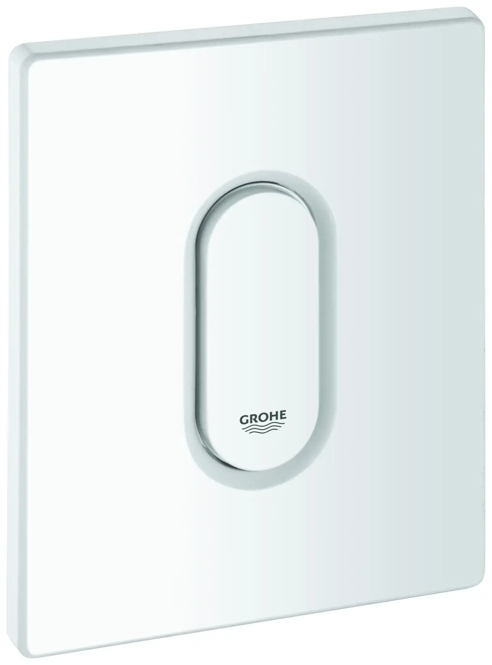 Weißes Betätigungsmodul von Grohe mit ovaler Drucktaste auf einer rechteckigen Abdeckplatte.