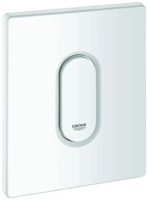 Weißes Betätigungsmodul von Grohe mit ovaler Drucktaste auf einer rechteckigen Abdeckplatte.