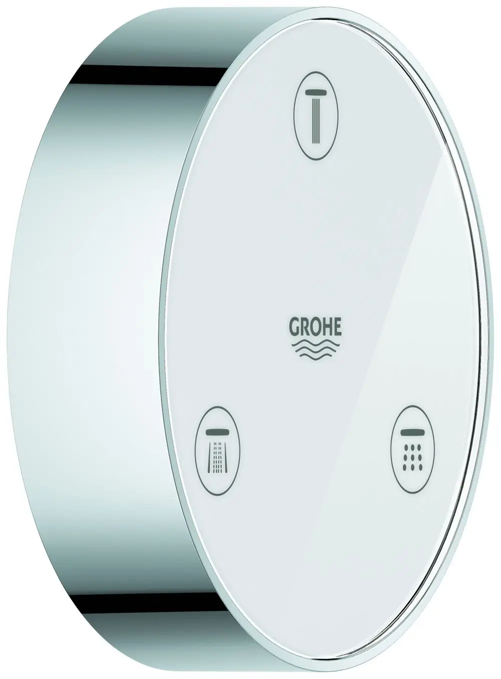 Fernbedienung mit drei Tasten zur Steuerung von Grohe Rainshower Duschsystemen. Die Oberflächenfarbe ist chrom, mit symbolischen Darstellungen für verschiedene Funktionen.