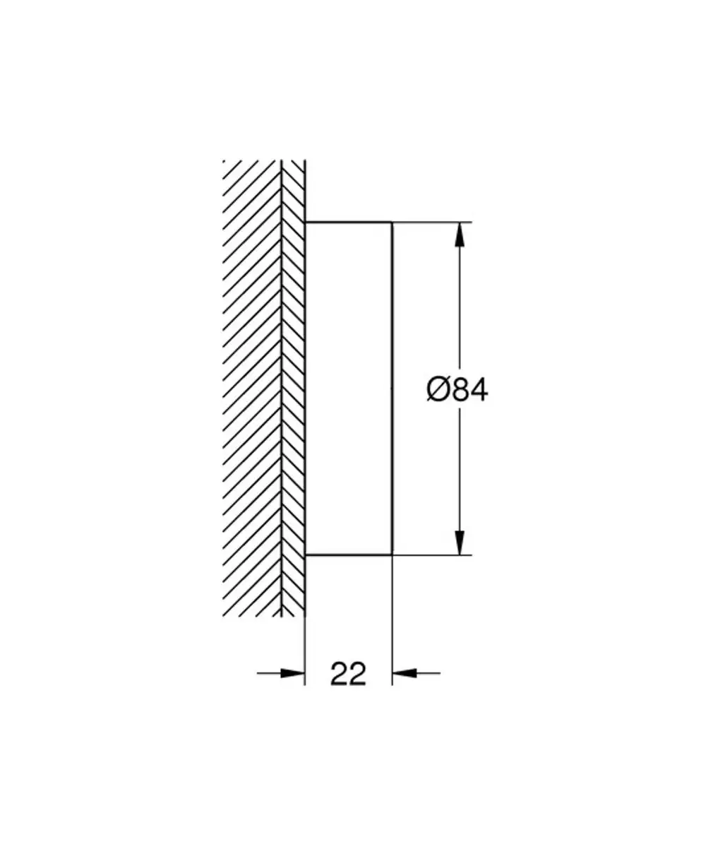 Technische Zeichnung mit Maßangaben für ein Produkt, das von Grohe stammt. Es zeigt einen zylindrischen Körper mit einem Durchmesser von Ø84 und einer Tiefe von 22.