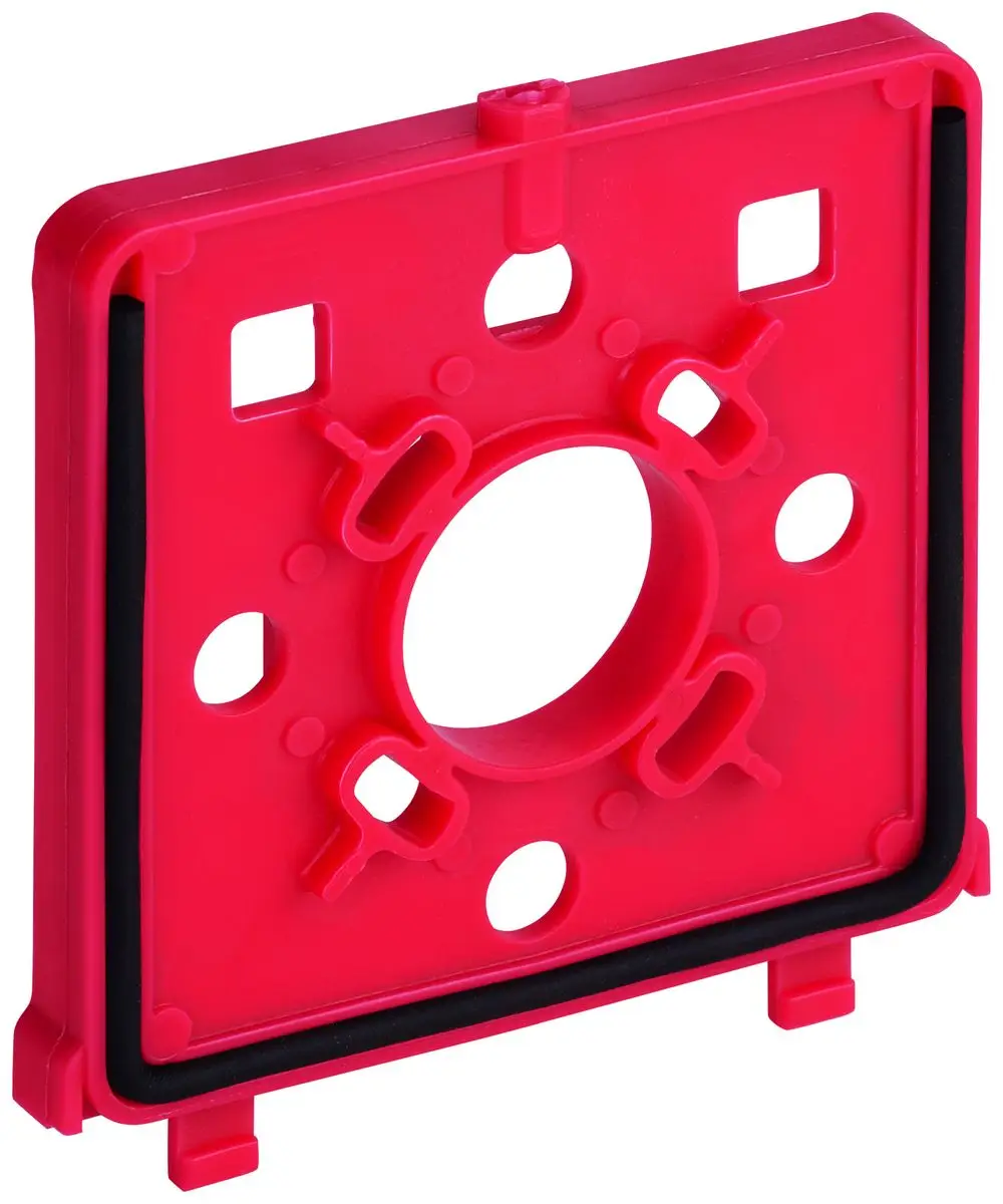 GROHE Halterahmen in Rot mit zentralem Loch und mehreren Positionierungsansätzen für die Befestigung einer Urinal-Abdeckplatte.