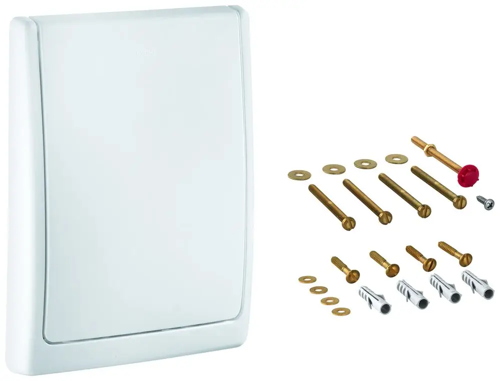 Weiße Abdeckplatte von Grohe mit Befestigungselementen für die Montage. Enthält Schrauben, Unterlegscheiben und Dübel zur Installation.