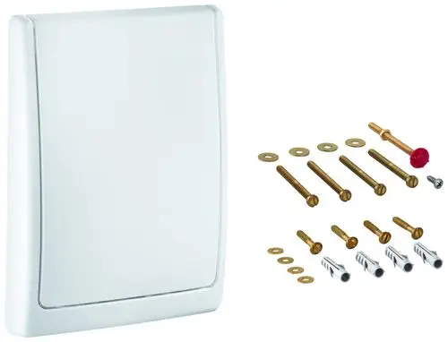 Weiße Abdeckplatte von Grohe mit Befestigungselementen für die Montage. Enthält Schrauben, Unterlegscheiben und Dübel zur Installation.
