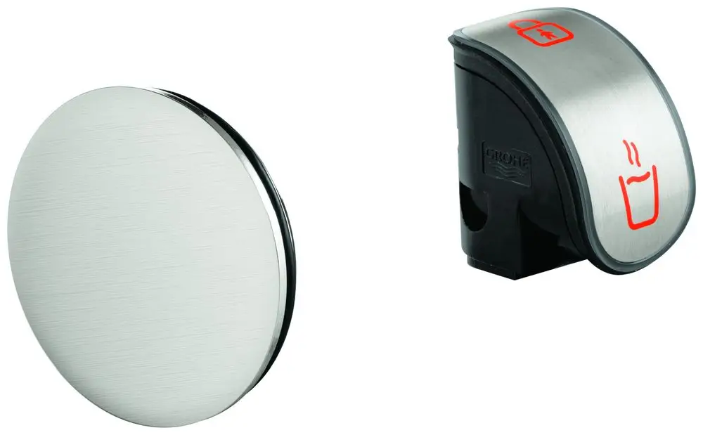 GROHE Bedieneinheit in Edelstahloptik, bestehend aus einem runden Druckknopf und einem Touch-Bedienelement mit Symbolen für Heiß- und Kaltwasser.