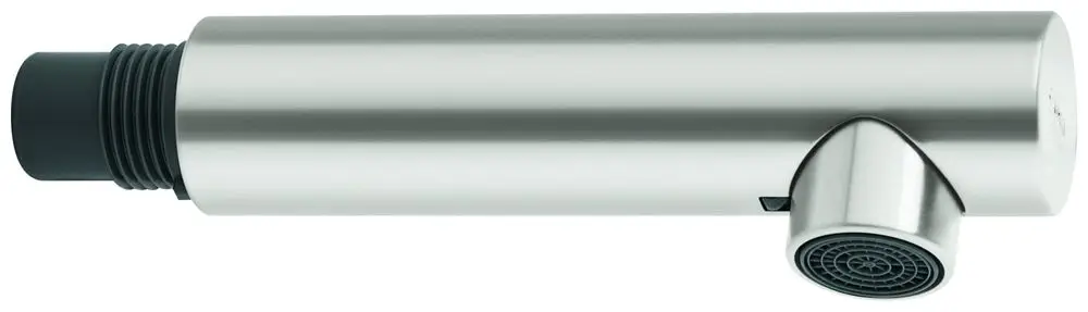 Edelstahl-Auslaufbrause mit gebogenem Auslass und runder Sprühfläche, von der Marke Grohe, geeignet für verschiedene Anwendungen im Sanitärbereich.