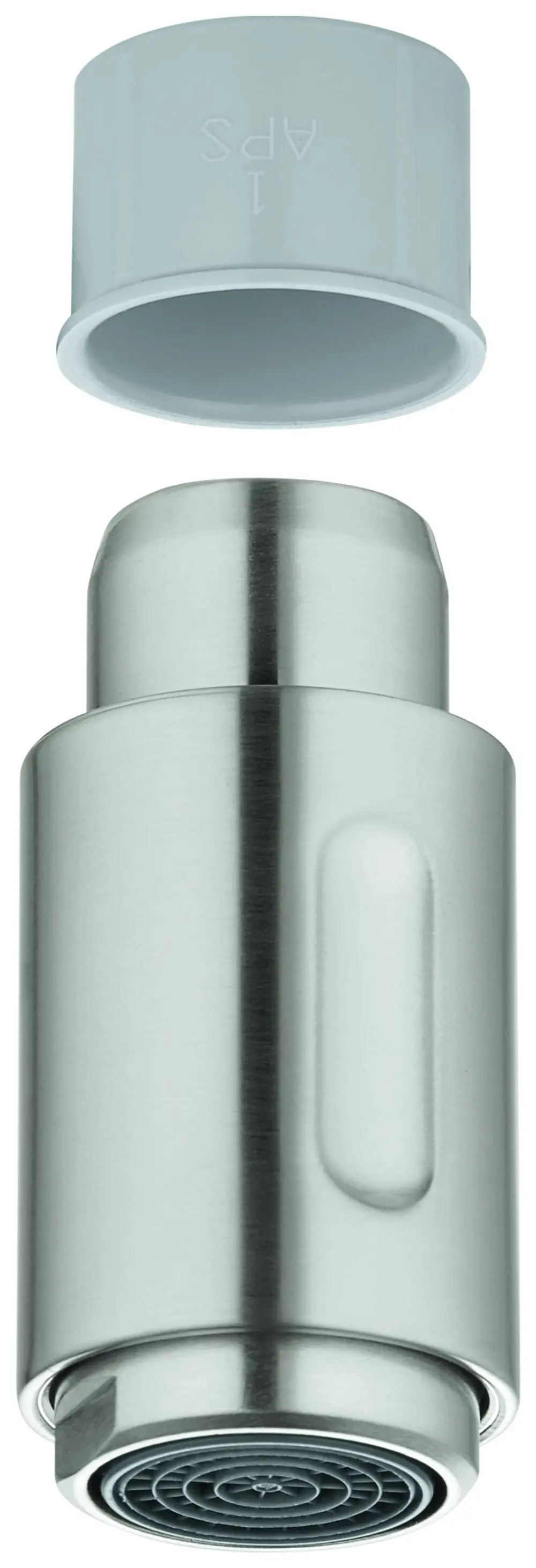 Grohe Spülbrause in Edelstahloptik, bestehend aus einem Hauptteil mit perforierter Düse und einer abnehmbaren Abdeckung.