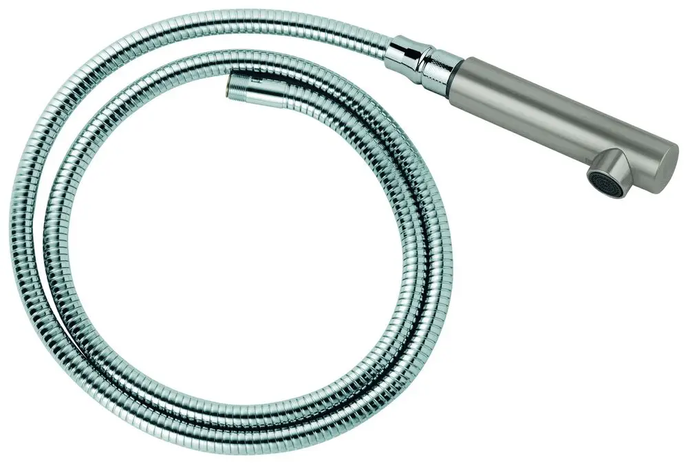 Grohe Auslaufbrause in silberner Optik mit flexibler Edelstahlspirale, der Kopf hat eine runde Form und befindet sich am Ende des Schlauches.
