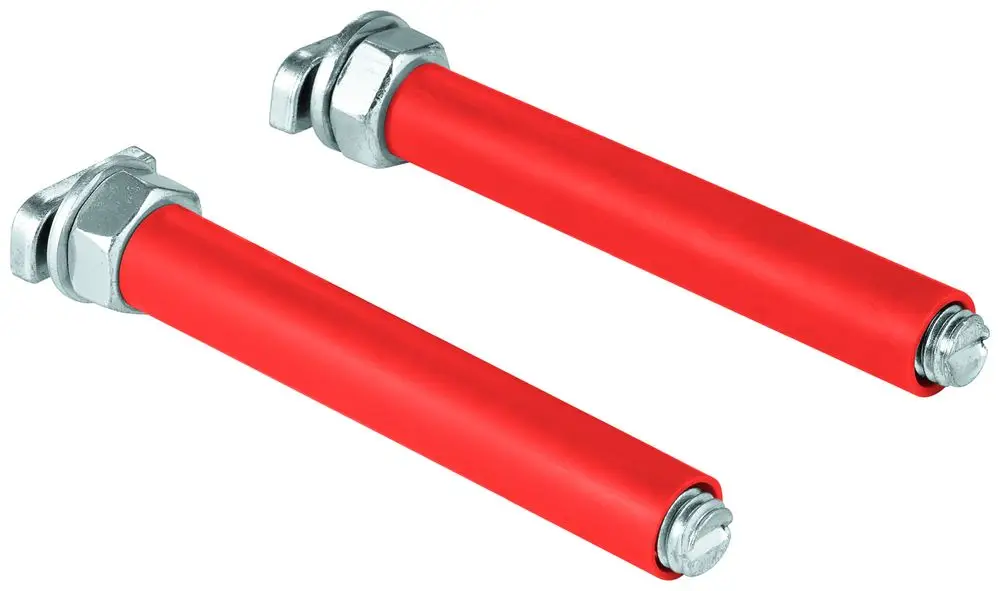 Zwei rote Haltebolzen aus Metall mit Muttern, gefertigt von Grohe, zur Befestigung von Waschtischelementen.