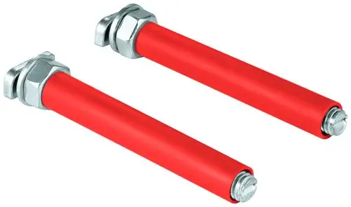 Zwei rote Haltebolzen aus Metall mit Muttern, gefertigt von Grohe, zur Befestigung von Waschtischelementen.