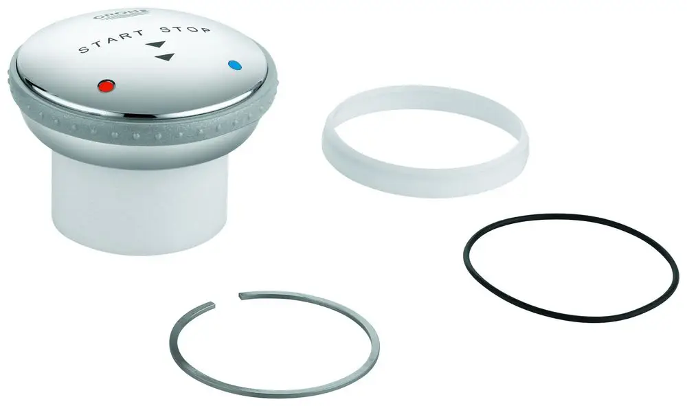 GROHE Betätigungskappe in Chrom-Optik mit roten und blauen Symbolen für Start und Stopp, begleitet von zwei Gummiringen und einer Metallklemmung.