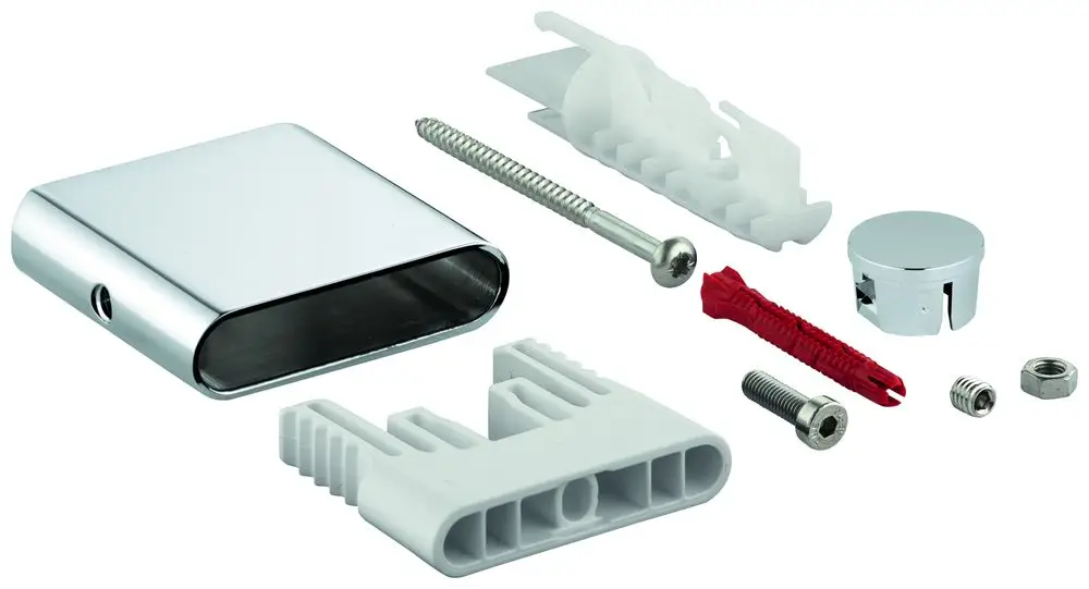 Verschiedene Komponenten des Grohe Brausestangenhalters, darunter ein chromfarbener Halter, Schrauben, Dübel und weitere Befestigungselemente, auf einem weißen Hintergrund.