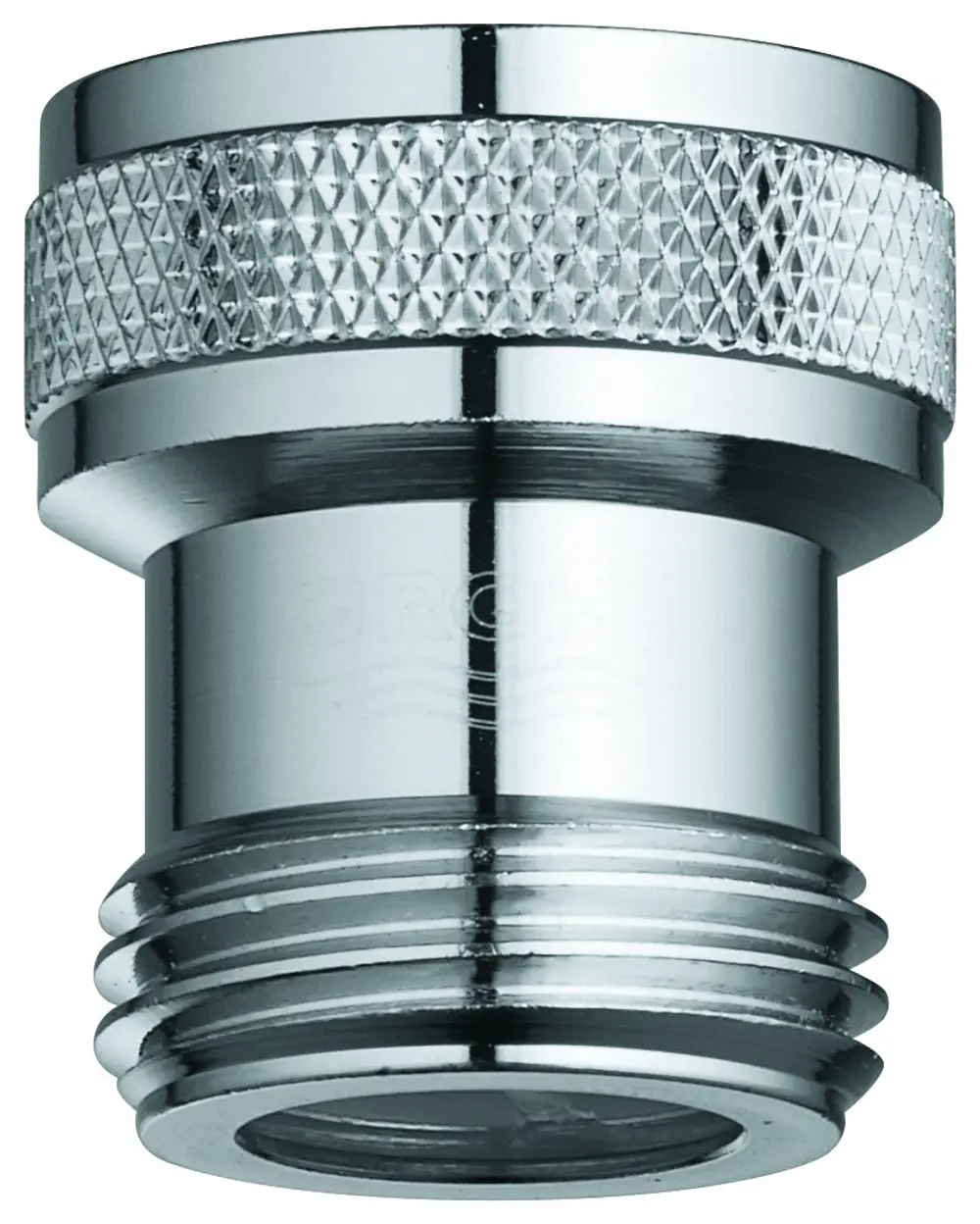 Chromfarbener Rückflussverhinderer von Grohe mit Gewindeanschnitt. Rundes Design mit rippenförmiger Struktur an der Oberseite.