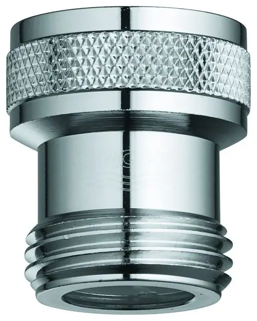 Chromfarbener Rückflussverhinderer von Grohe mit Gewindeanschnitt. Rundes Design mit rippenförmiger Struktur an der Oberseite.