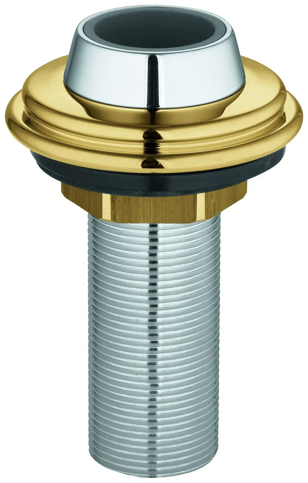 GROHE Schlauchdurchführung in Chrom und Gold, rund mit Gewinde, zur Montage in Badezimmeranwendungen, Teil einer Sanitärausstattung.