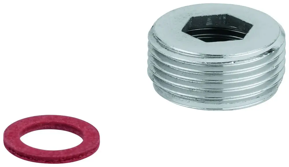 Chromfarbener Adapter von Grohe mit sechseckigem Kopf und Gewinde, begleitet von einer roten Dichtscheibe.