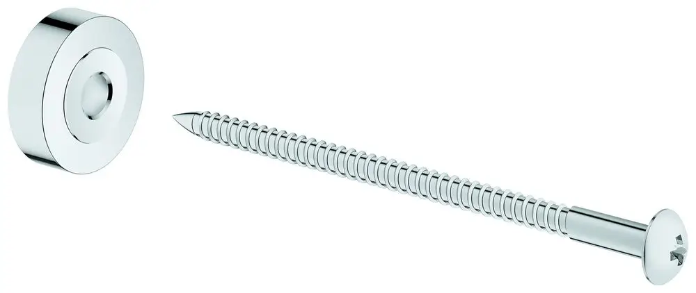 Vergleichendes Bild einer runden, flachen Scheibe und einer langen Schraube, beide in glänzendem Metall, die mit Grohe Duschsystemen kompatibel sind.