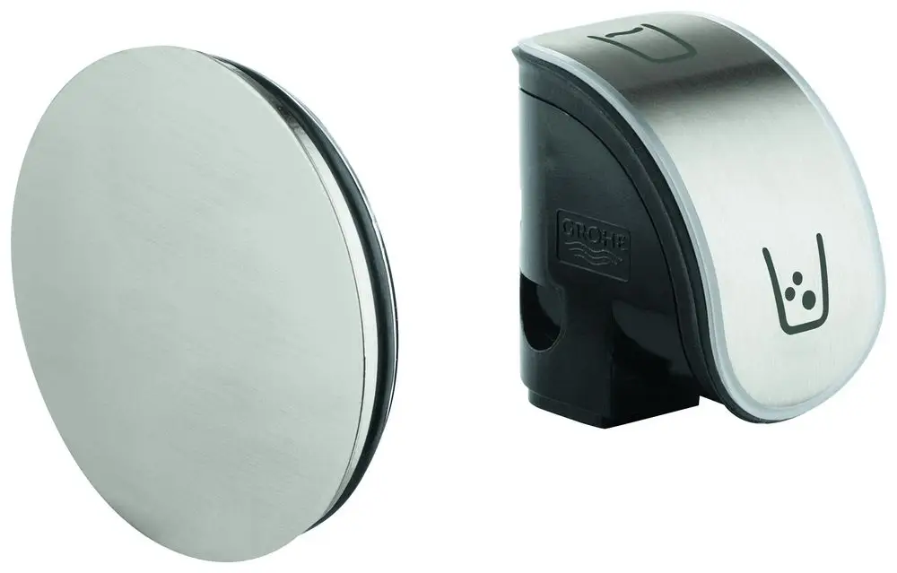 Grohe Bedieneinheit aus Edelstahl und Kunststoff mit runder und geschwungener Form, die eine grafische Darstellung eines Trinkglases zeigt.