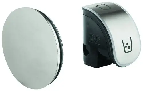 Grohe Bedieneinheit aus Edelstahl und Kunststoff mit runder und geschwungener Form, die eine grafische Darstellung eines Trinkglases zeigt.
