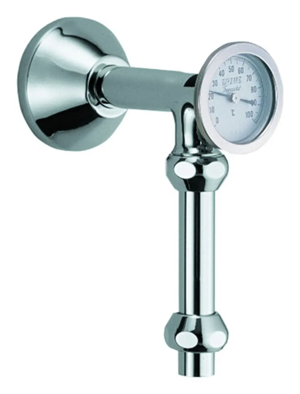 Grohe Abgangsbogen mit Thermometer und Quetschverschraubungen, an einer Wand montiert. Chromoberfläche, runde Form und Messanzeige für Temperatur.