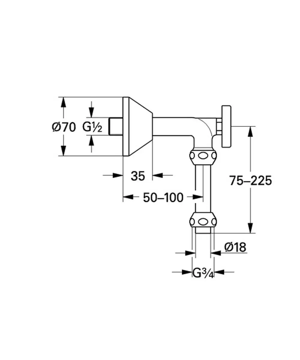 GROHE Abgangsbogen mit Thermometer und Quetschverschraubungen, gerades Design, mit Anschluss für G½“ und G¾“, dargestellt in technischen Zeichnungen.