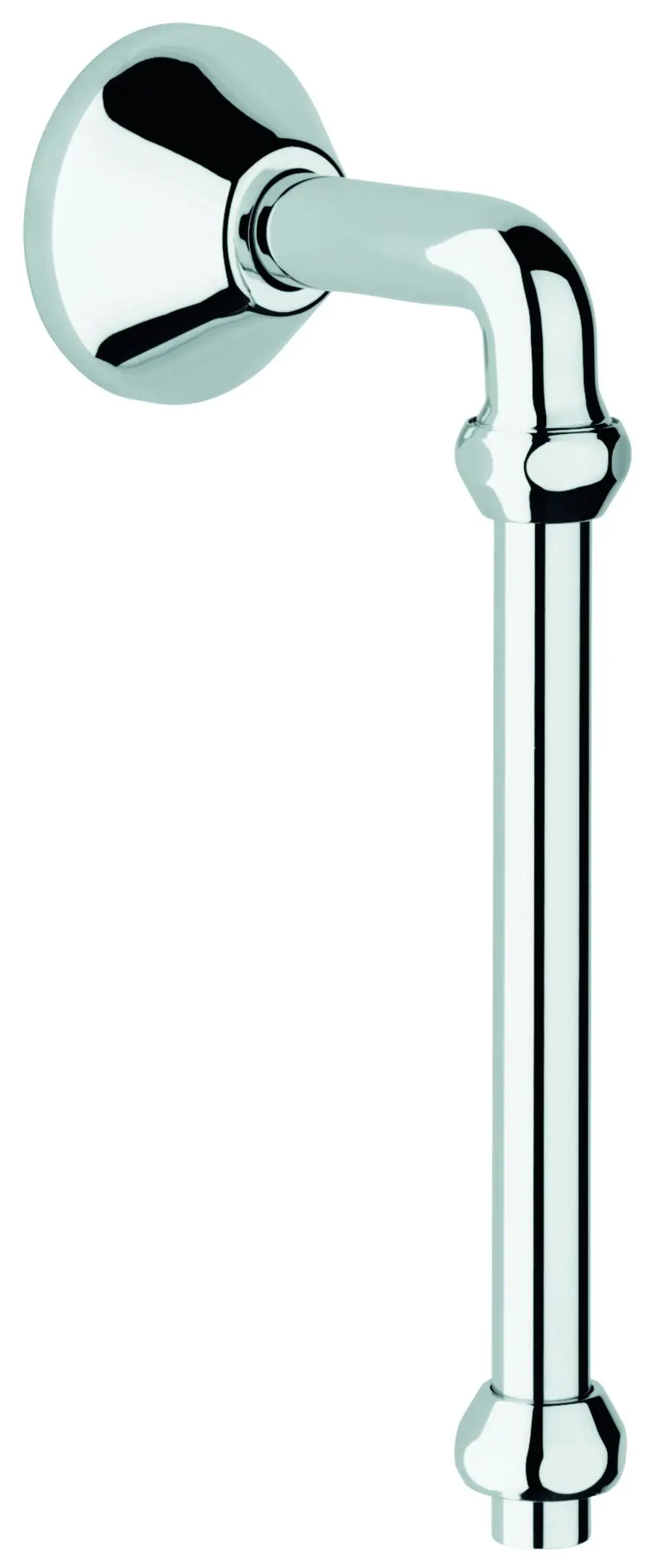 GROHE Abgangsbogen in Chromausführung mit gebogenem Rohr und Wandhalterung. Anschluss mit Quetschverschraubungen, geeignet für 1/2" und 3/4" Rohrdurchmesser.