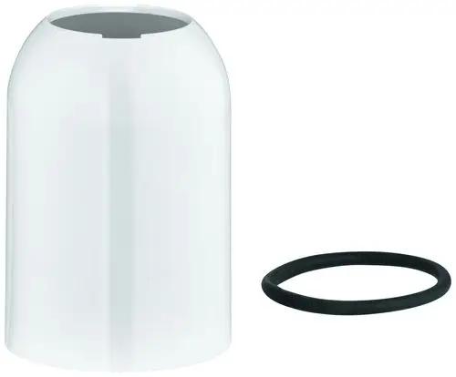 Weißer Kunststoffdeckel von Grohe für Einhandmischer, daneben ein schwarzes Gummiband. Der Deckel hat eine halbrunde Form mit einer Öffnung oben.