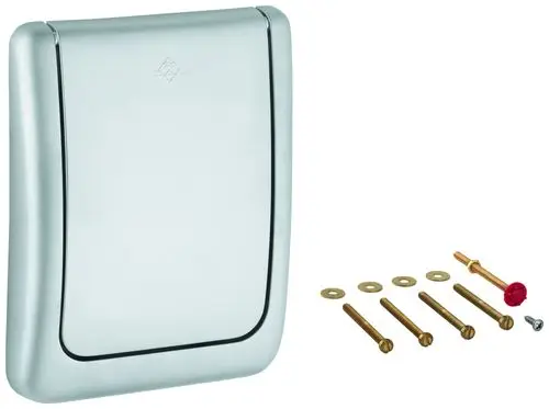 Grohe Abdeckplatte in mattem Chrom, umgeben von Montageschrauben und Dichtungen. Geeignet für Wandmontage.