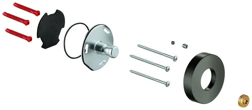 GROHE Halterung mit mehreren Komponenten, darunter Schrauben, eine Halterung, eine Dichtung und eine schwarze Abdeckung, zur Wandbefestigung von Brausestangen.